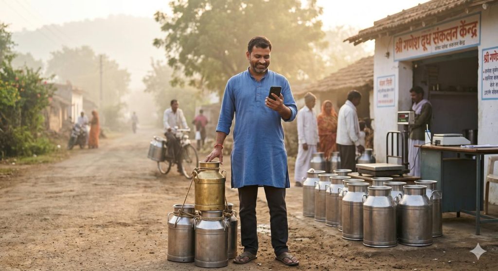 Happy customer read his credit message of milk money