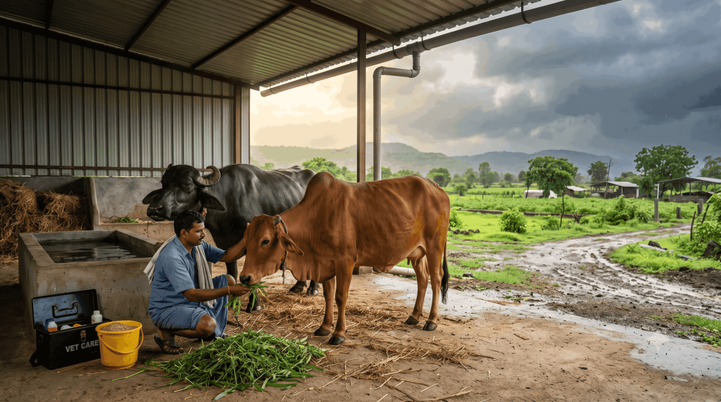 मानसून में पशुओं की देखभाल करते हुए किसान और स्वस्थ गाय-भैंस
