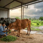 मानसून में पशुओं की देखभाल करते हुए किसान और स्वस्थ गाय-भैंस